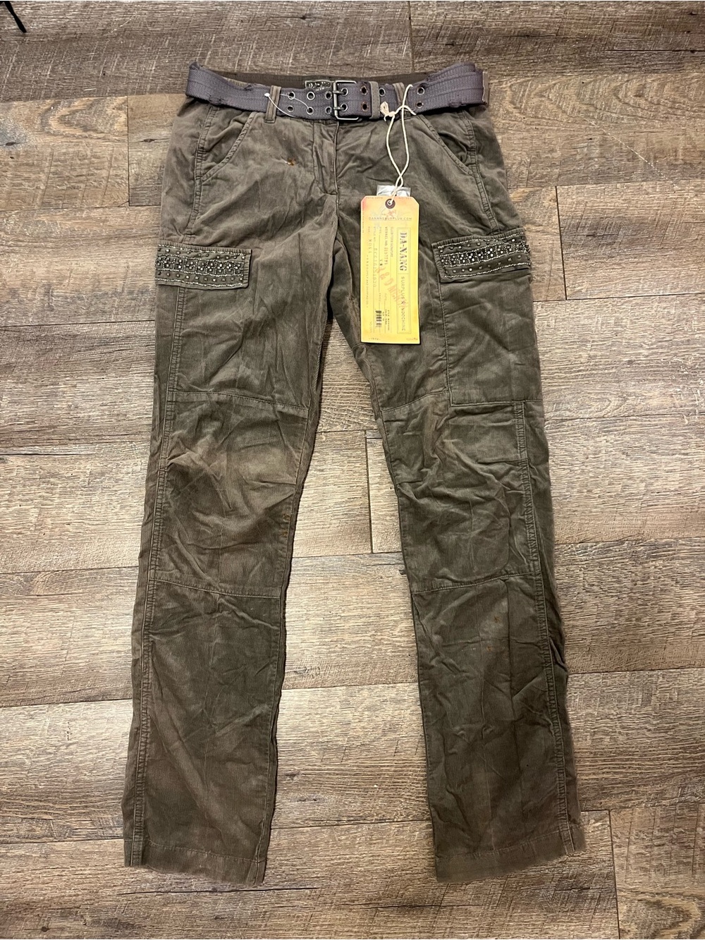 Da-Nang Olive Utility Cargo Pants with Studded Embellished Pockets
